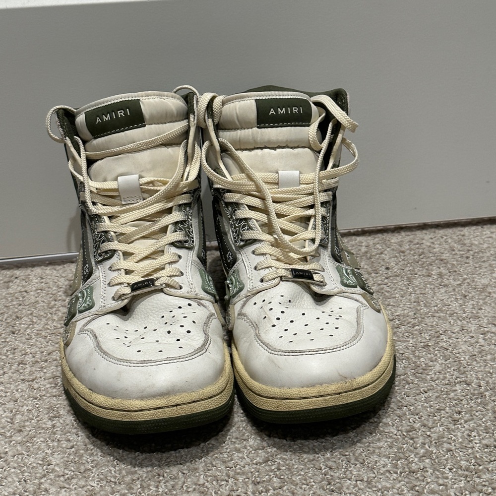 AMIRI White and Olive High-Top Sneakers with Cream Laces